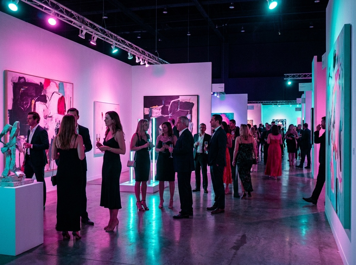 Elegant evening crowd inside a contemporary art fair washed in magenta and cyan light during Miami Art Week