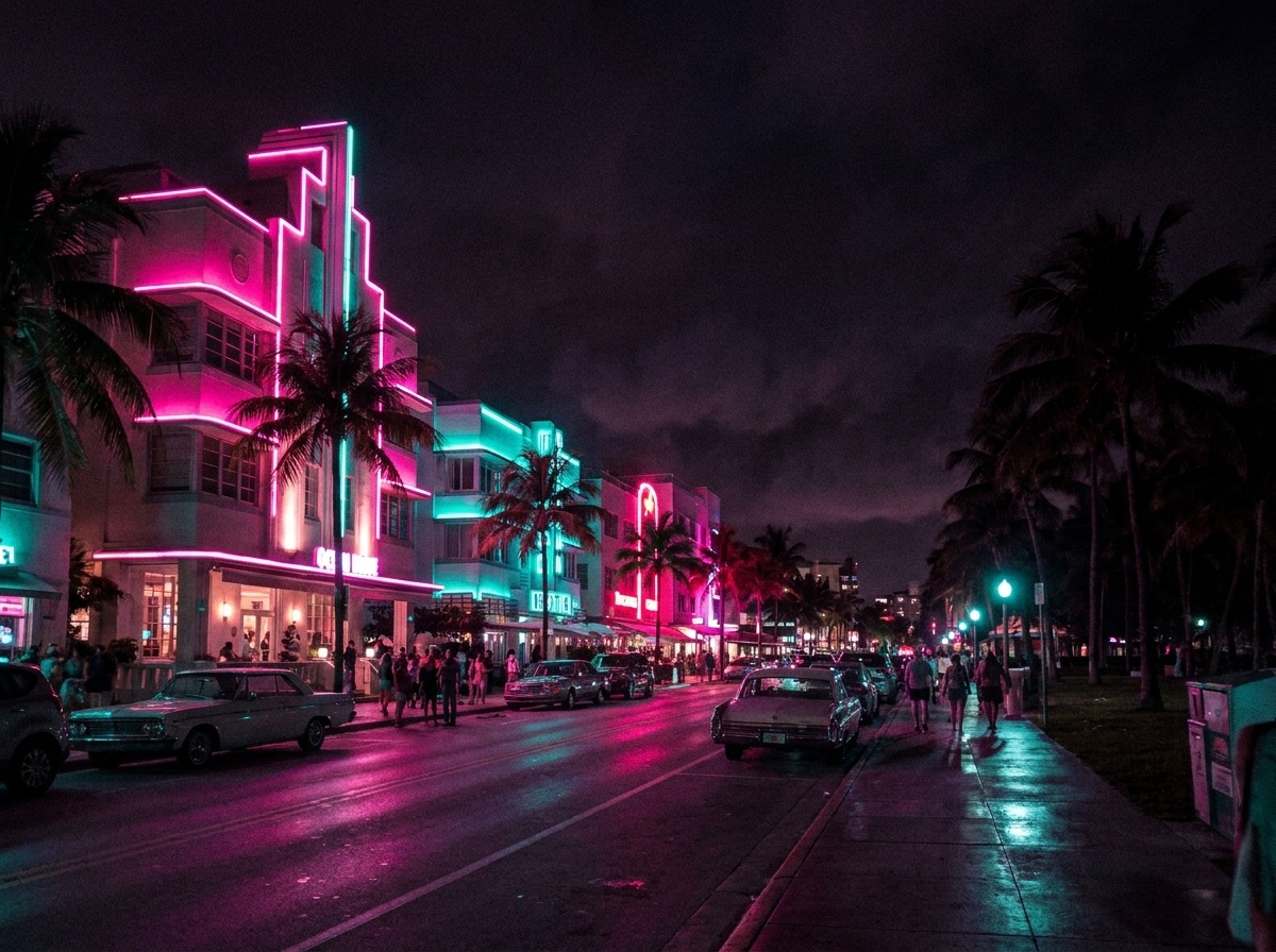 Ocean Drive Art Deco hotels outlined in magenta and cyan neon at night with palms in front