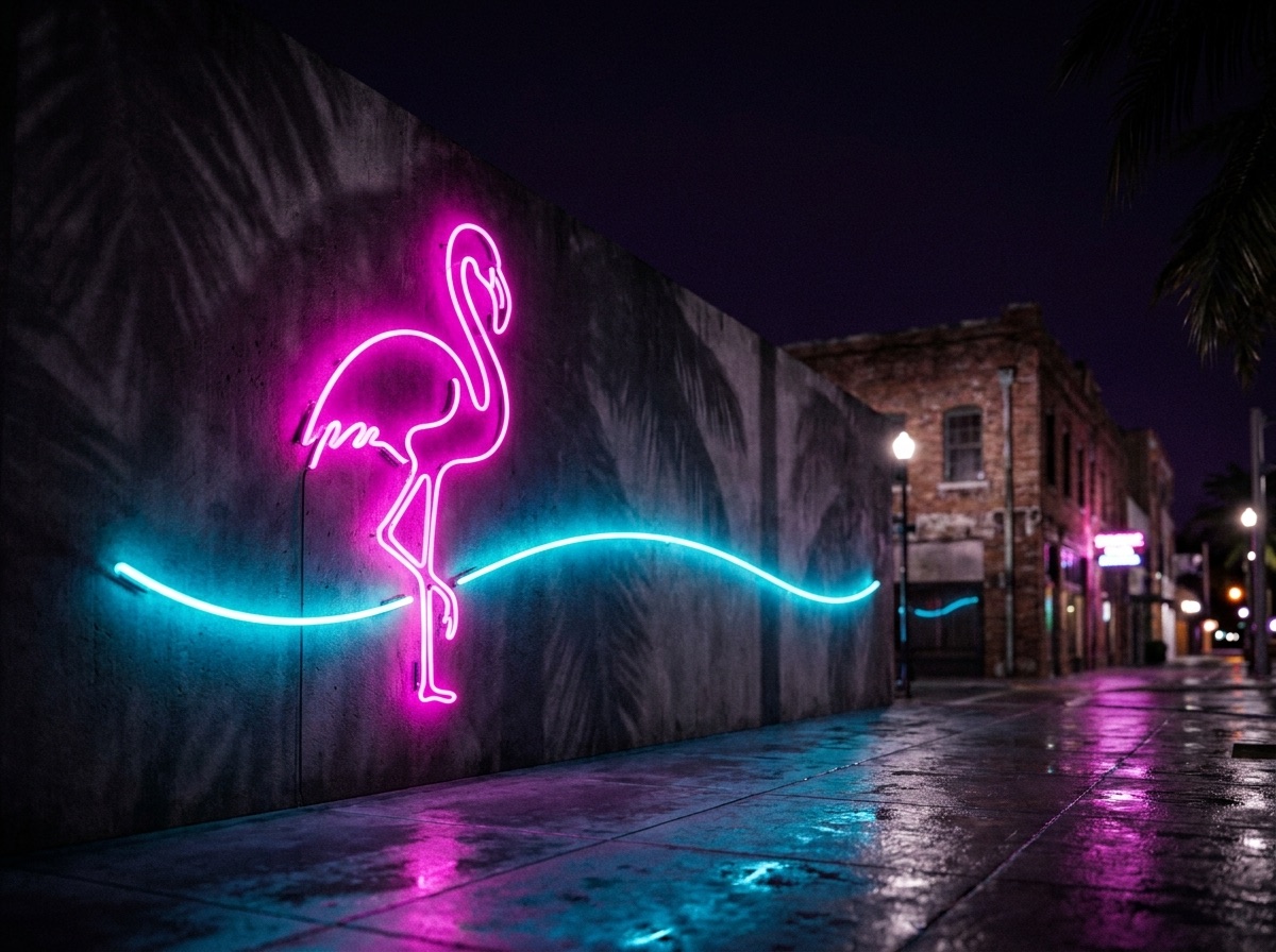 Magenta neon flamingo sign on a concrete wall above wet pavement with a cyan neon line in the Miami Design District