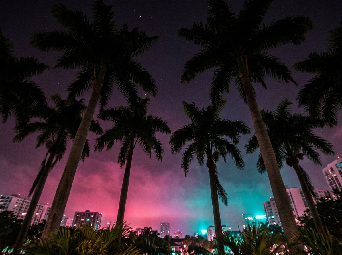 Royal palms silhouetted against a magenta and cyan night glow over Miami Beach