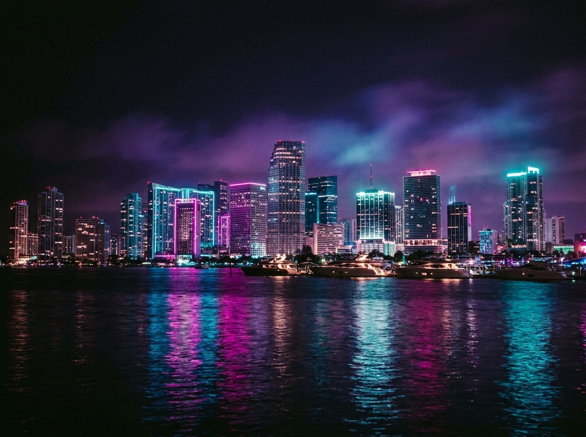 Brickell skyline glowing magenta and cyan across Biscayne Bay at night during festival weekend in Miami